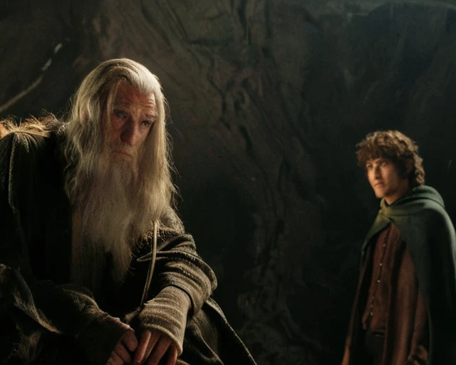 Saruman és Frodo beszélgetnek egy sötét barlangban a Gyűrűk Ura filmben.