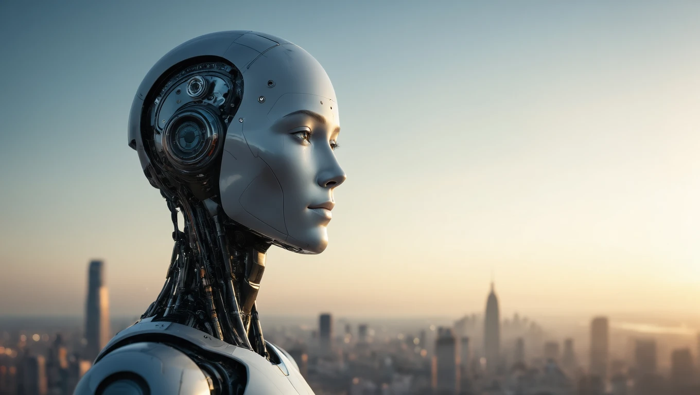 Egy futurisztikus robot arca, háttérben városi tájjal és naplementével.
