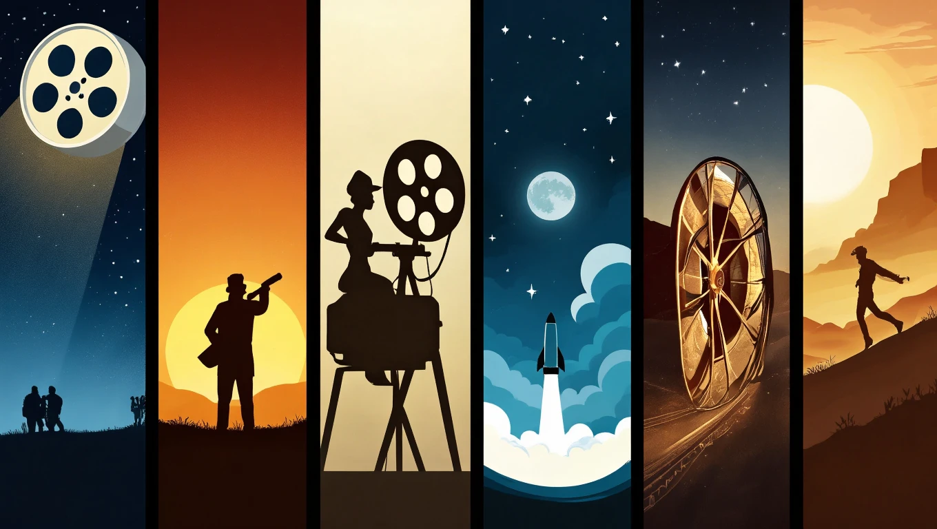 Különböző filmműfajokat bemutató stilizált képek, filmtekercsek és karakterek.