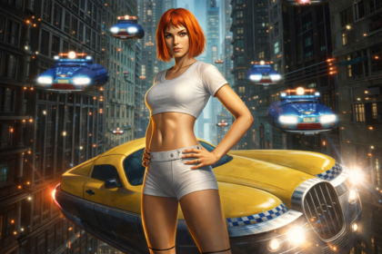 Az ötödik elem film ikonikus karaktere futurisztikus városban.