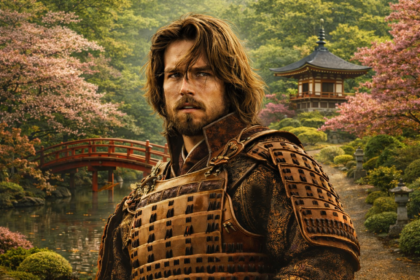 Az utolsó szamuráj filmjének karaktere a japán kertben.