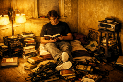 Férfi olvas egy könyvet egy könyvekkel teli szobában.