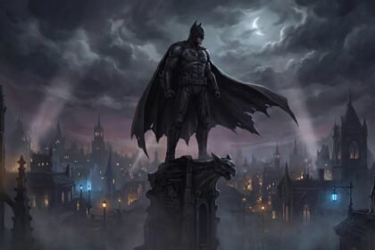 Batman áll a Gotham város fölé, háttérben sötét felhők és holdfény.