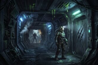 Űrhajós a sötét, elhagyatott űrhajó folyosóján az Alien: Romulus filmhez.