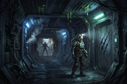 Űrhajós a sötét, elhagyatott űrhajó folyosóján az Alien: Romulus filmhez.