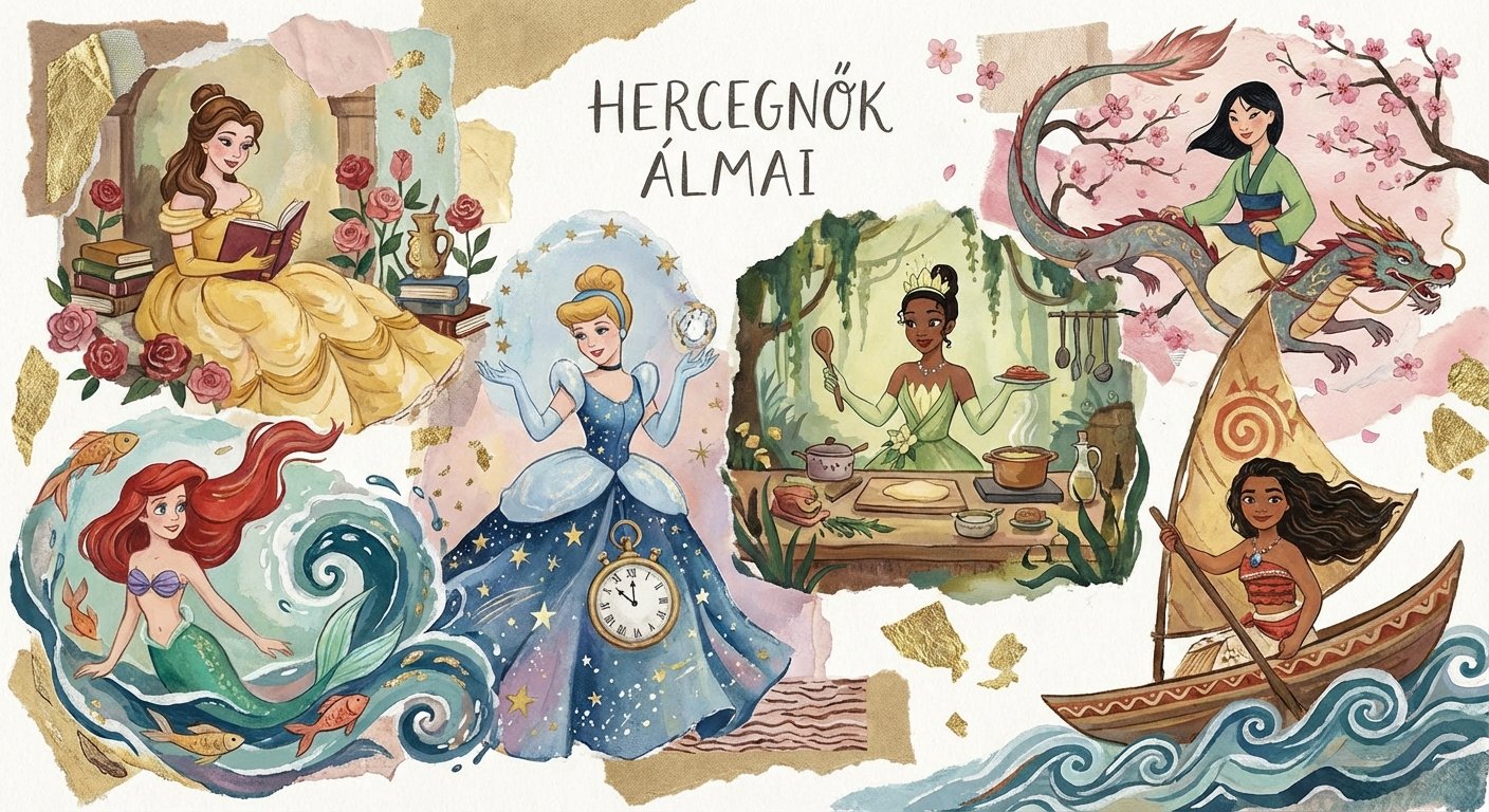 Mesebeli hercegnők különböző kalandokban, mint Ariel, Hamupipőke és Mulan.