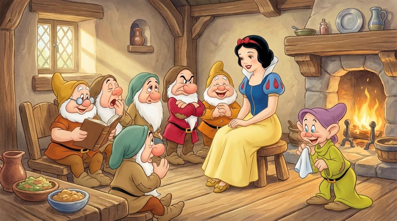 Hófehérke és a hét törpe egy mesebeli kunyhóban ülnek, vidám hangulatban.