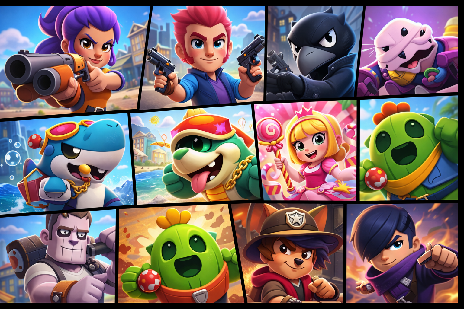Színes karakterek különböző stílusokban, fegyverekkel és vidám kiegészítőkkel.