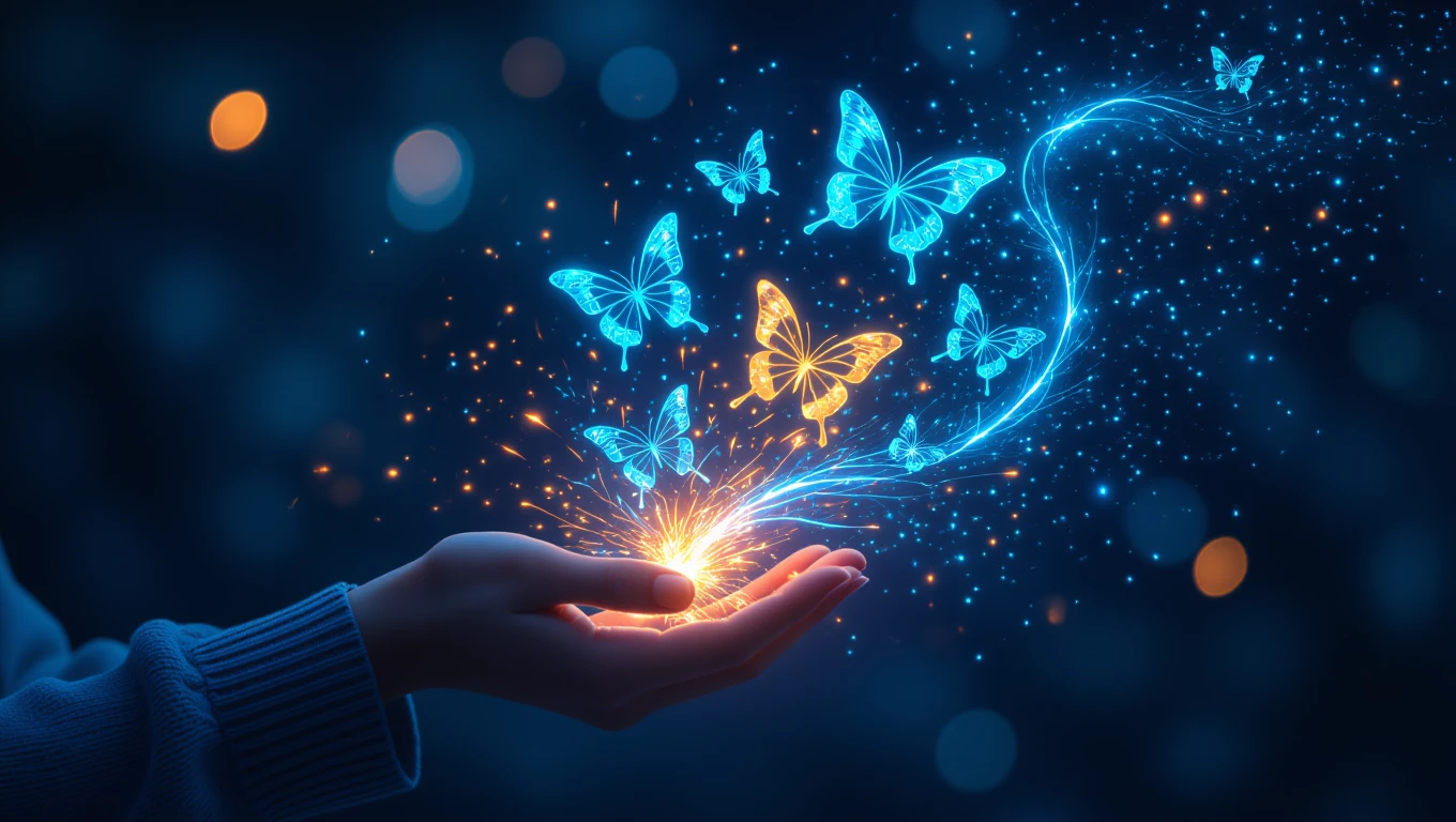 Egy kézből színes pillangók szállnak fel, varázslatos fények között.