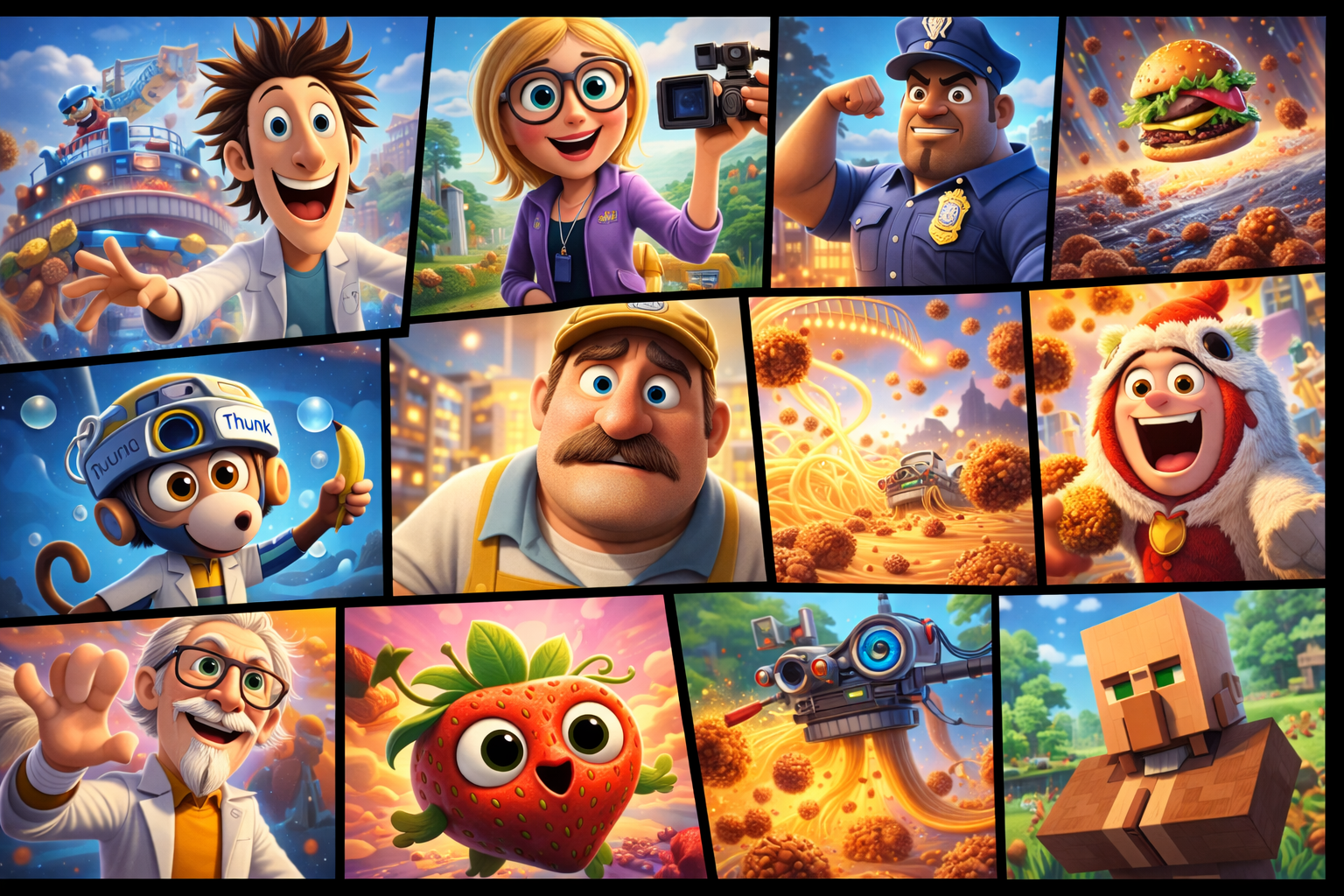 Színes animációs karakterek egy vidám, ételközpontú világban, különböző tevékenységekkel.