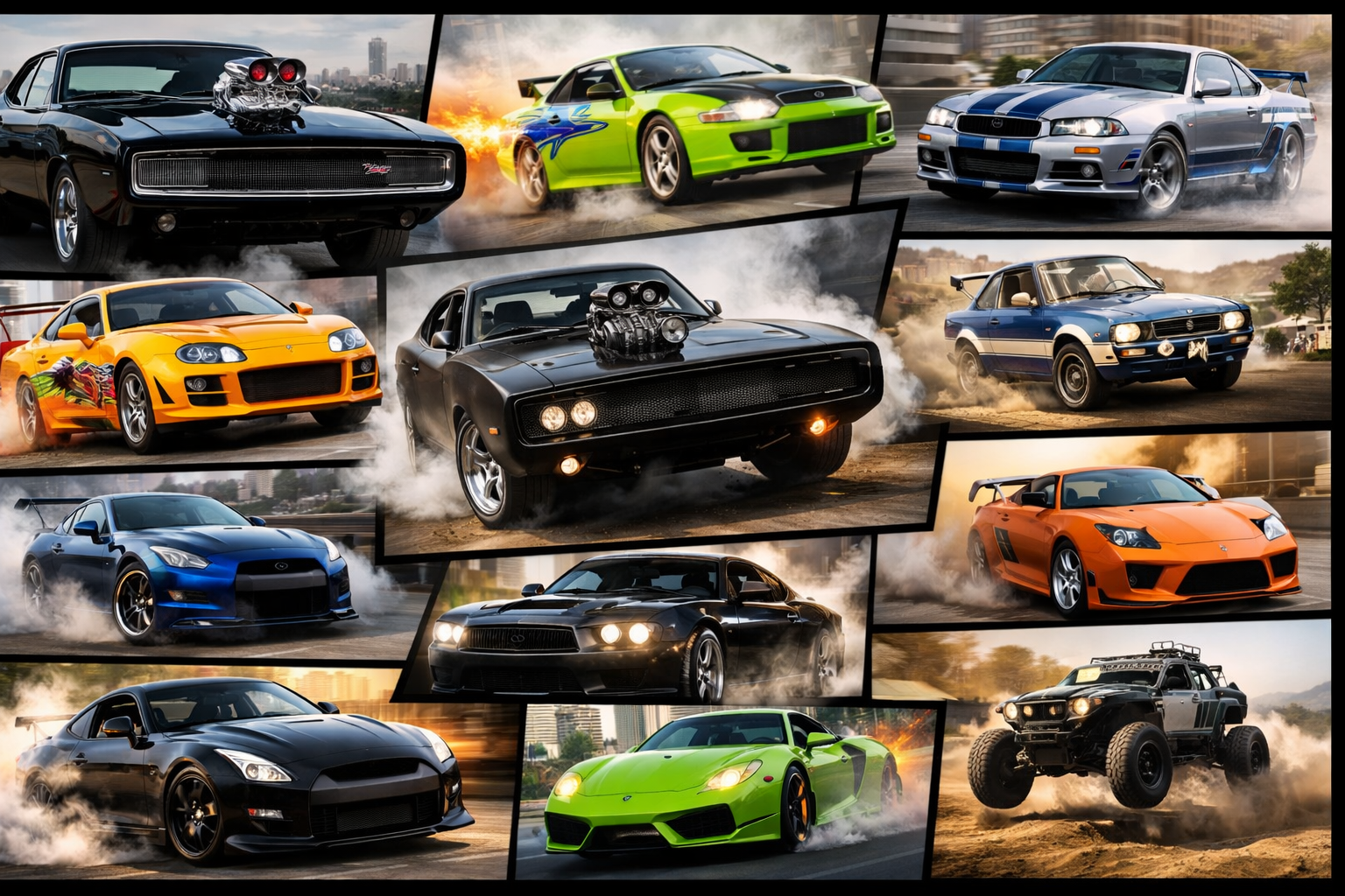 Különböző ikonikus autók a Halálos iramban filmekből, dinamikus akcióban.