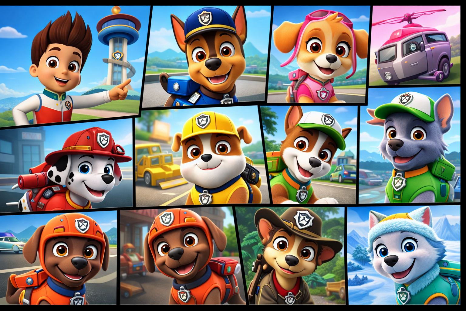 A Mancs Őrjárat karakterei, köztük kutyák és Ryder, vidám arckifejezéssel.