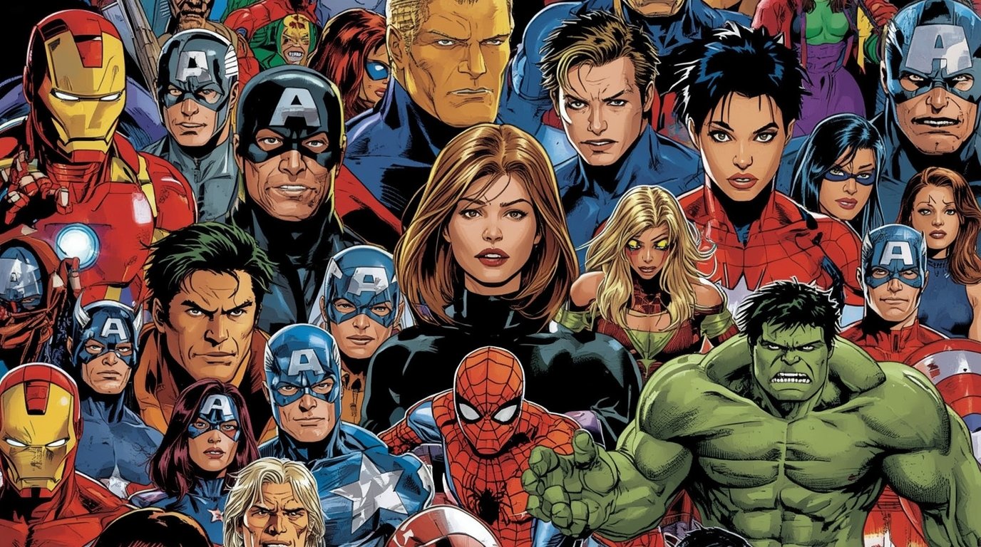 Színes Marvel karakterek kollázsa, köztük Pókember, Vasember és Hulk.