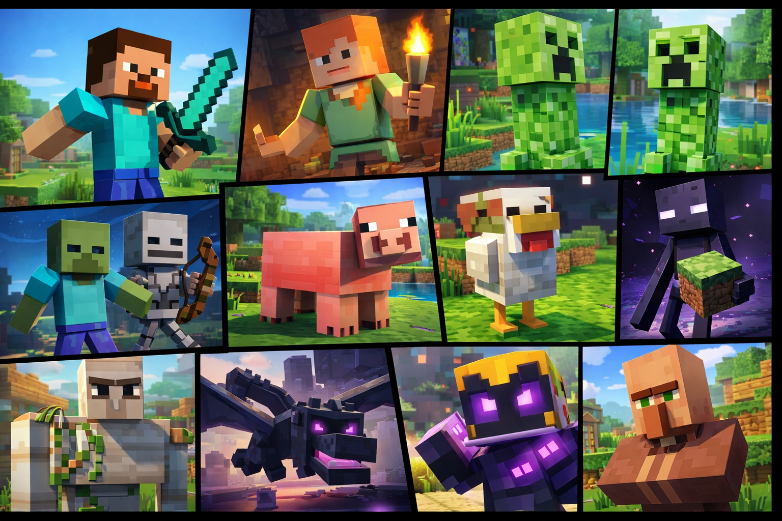 Különböző Minecraft karakterek, mint Steve, Creeper, és állatok, színes környezetben.