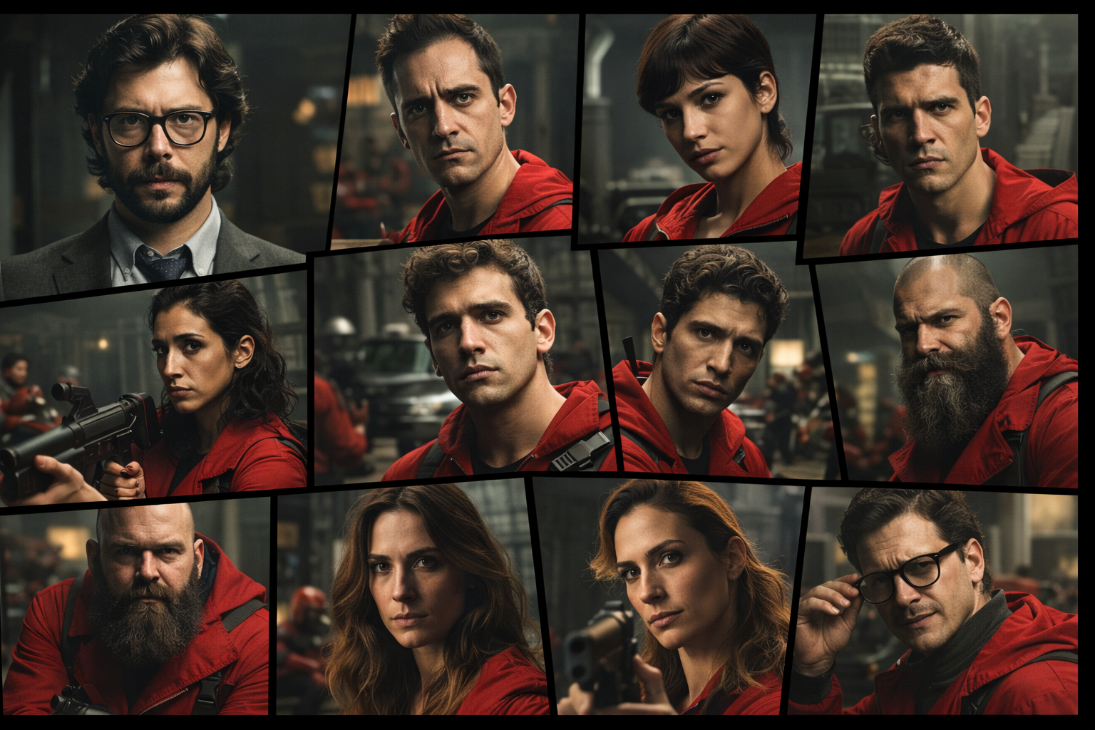 A nagy pénzrablás szereplőinek csoportképe, vörös overallban és maszkban.