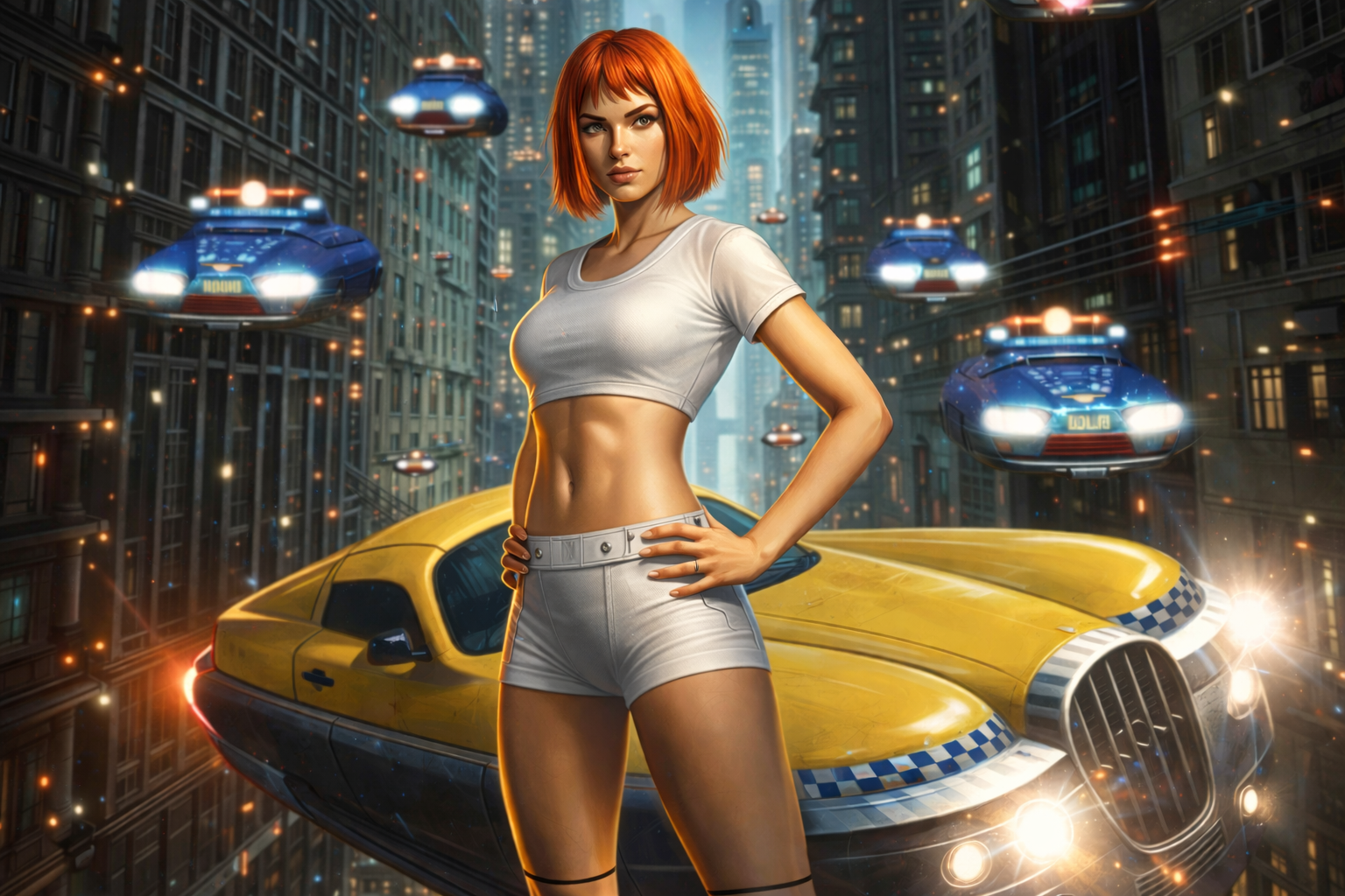 Az ötödik elem film ikonikus karaktere futurisztikus városban.