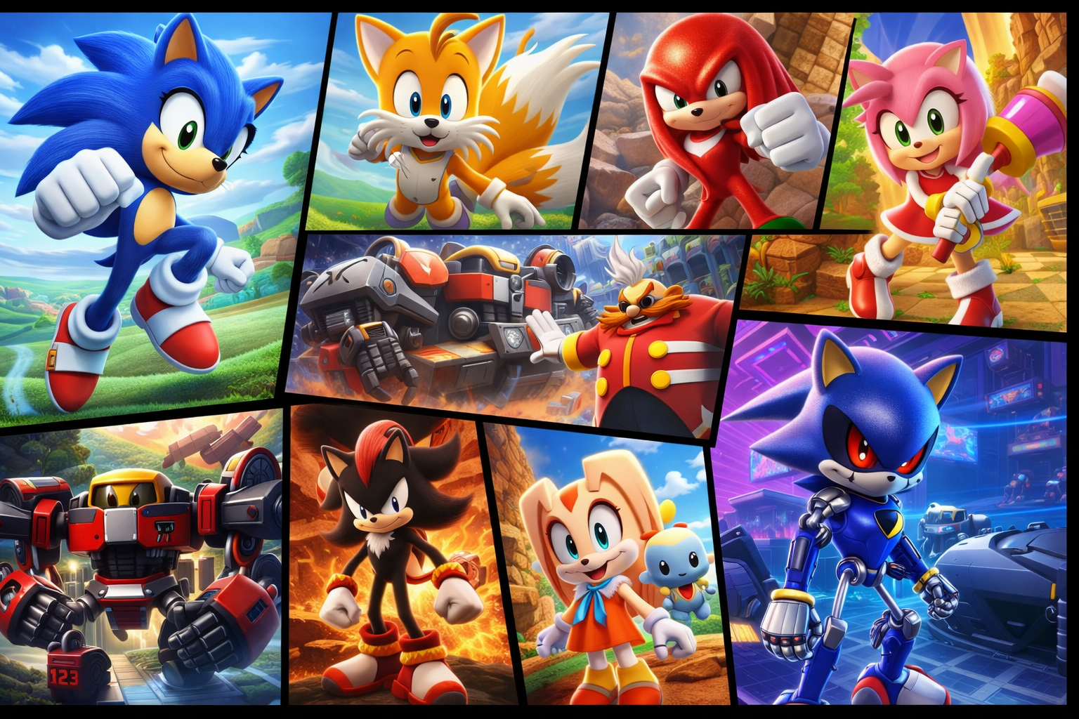 Sonic és barátai, köztük Tails, Knuckles, Amy, Eggman és Shadow, akcióban.