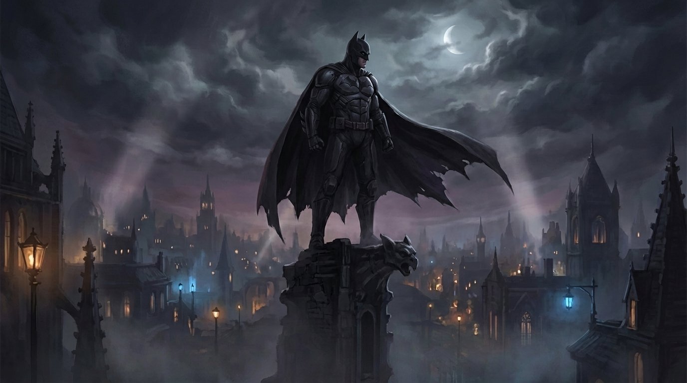 Batman áll a Gotham város fölé, háttérben sötét felhők és holdfény.