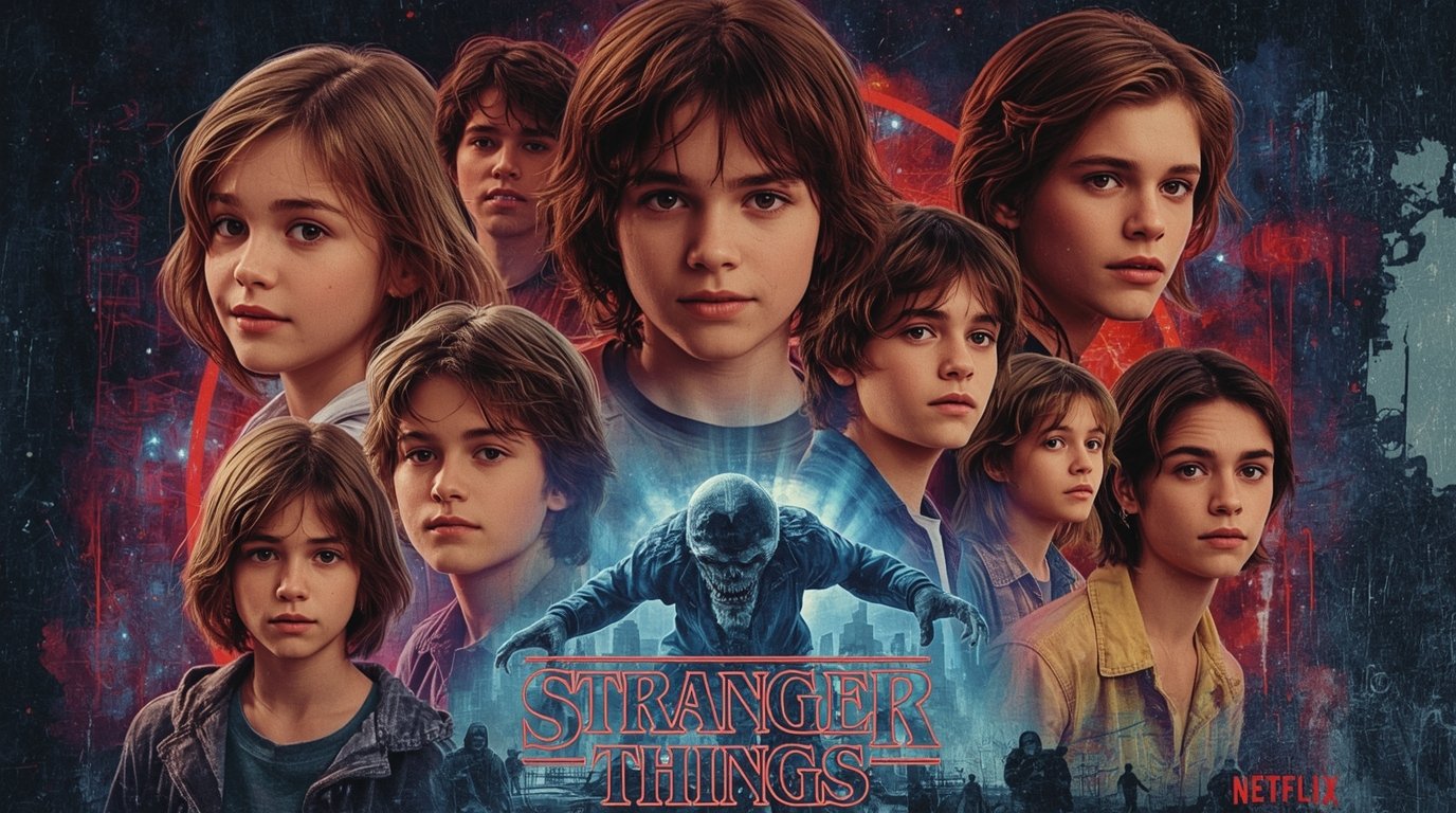 A Stranger Things sorozat főszereplőinek kolázsa, különböző karakterekkel és a hátterében a sorozat ikonikus elemeivel.