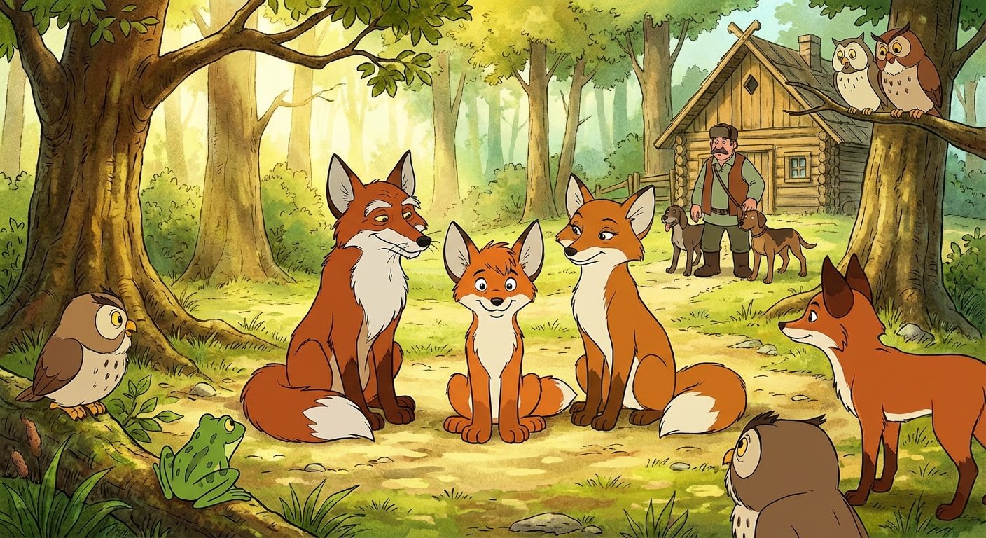 A Vuk című mesefilm szereplői, rókák és baglyok egy erdőben, vidám hangulatban.