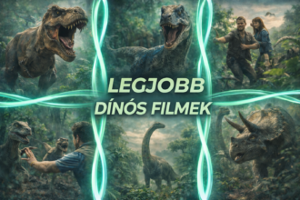 Dinós filmek collage, T-Rex és más dinoszauruszok jelenetével.