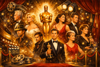 Oscar-díjak gálája film szereplőkkel és szimbólumokkal