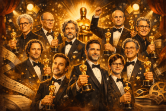 Oscar-díjas amerikai zeneszerzők nyertesei arany szobrokkal.