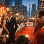 Párok a vörös szőnyegen a Torontói Nemzetközi Filmfesztiválon, háttérben a CN Tower.