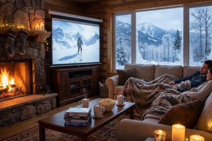 Két ember filmnézés közben egy meghitt téli estén egy kandallónál.