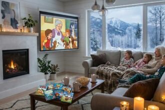 Családi rajzfilm nézése a nagymamával a tűzhely mellett.