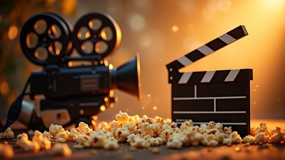 Filmes kellékek: régi kamera és filmes klappal popcornt mellett