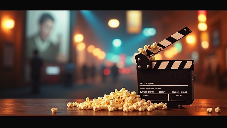 Klasszikus filmklapp és pattogatott kukorica egy sötét háttér előtt.