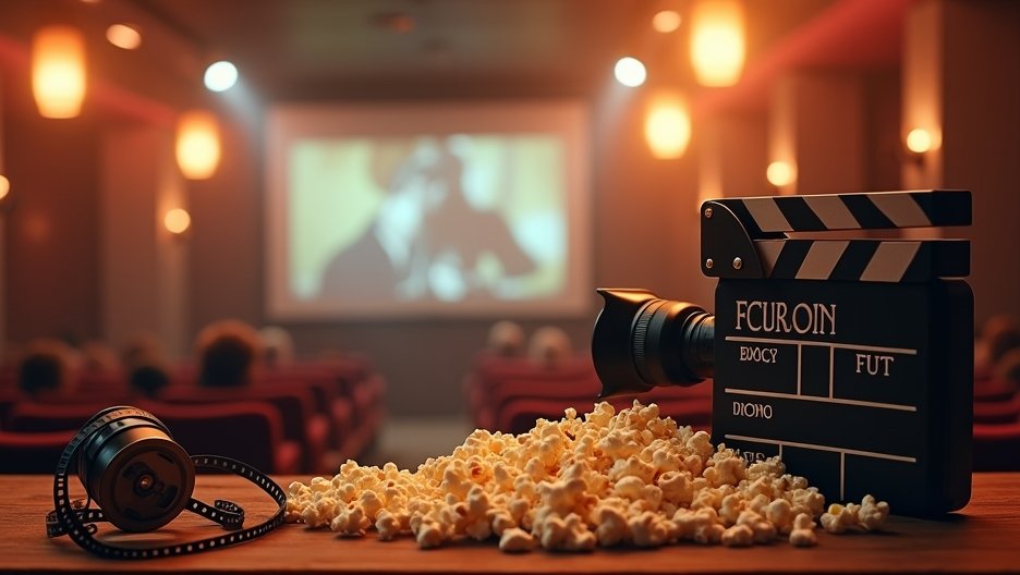 Filmeszközök és popcorn egy mozi nézőtéren
