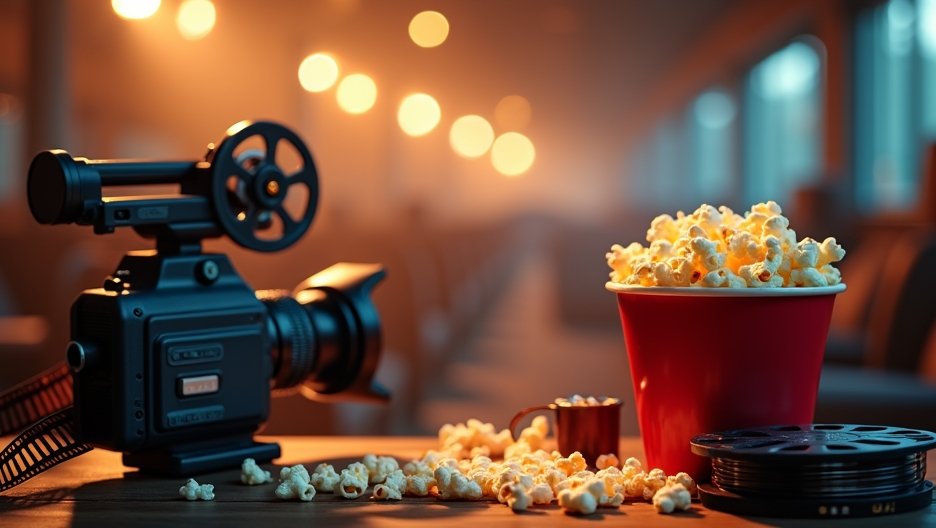 Popcorn and film camera in a cinematic setting
