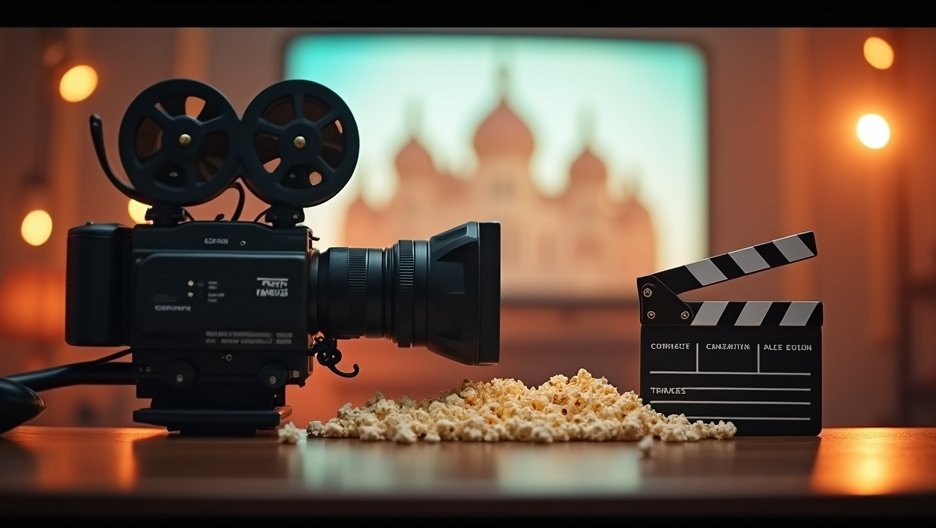 Film kamera és filmes kellékek popcorngal a háttérben.