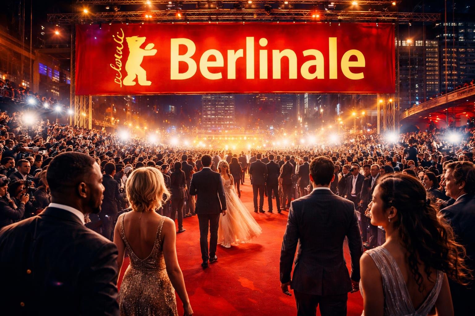 A Berlinale vörös szőnyege, sok néző és fotós világítással.