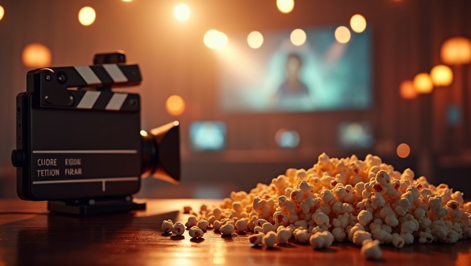 Filmes kellékek, popcornnal és filmes kamerával egy hangulatos helyszínen.