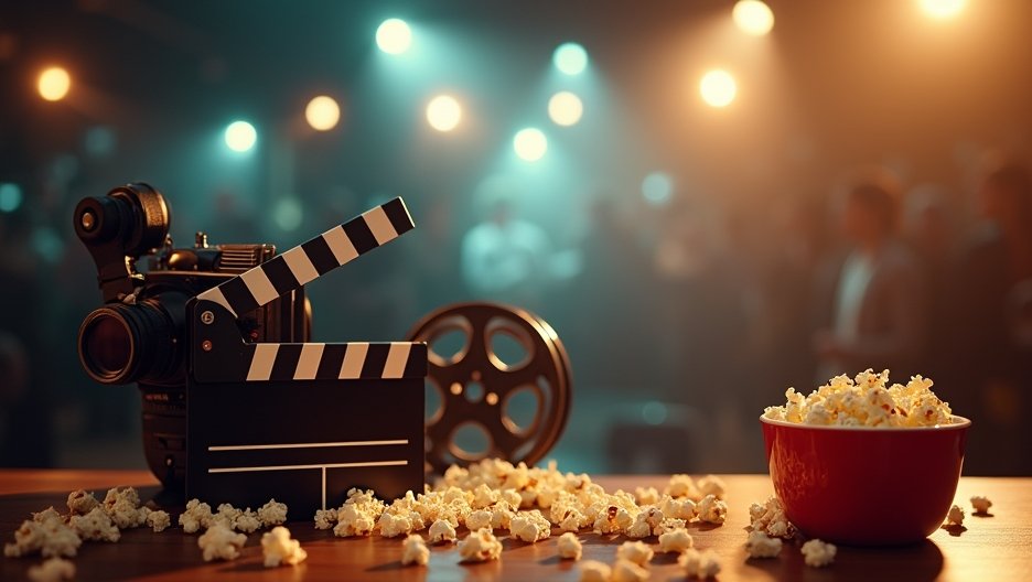 Klasszikus filmes kellékek, kamera és popcorn egy filmes rendezvényen.