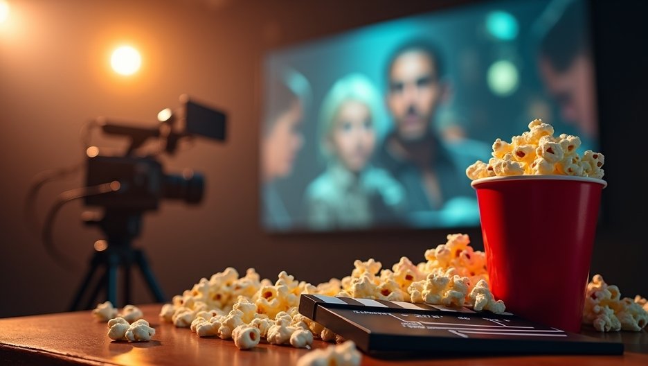 Popcorn and film clapperboard in a cozy cinema setting.