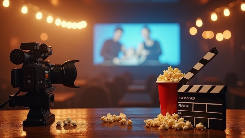 Filmekhez készült kamera és popcorn a filmes hangulatban.