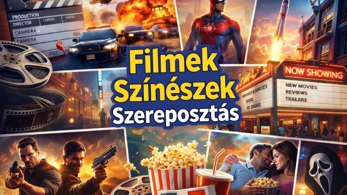 Kollázs filmekből és színészekből, popcornnal és mozival.