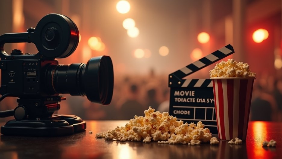 Régi filmes kamera, popcorn, és filmes klappal egy moziban