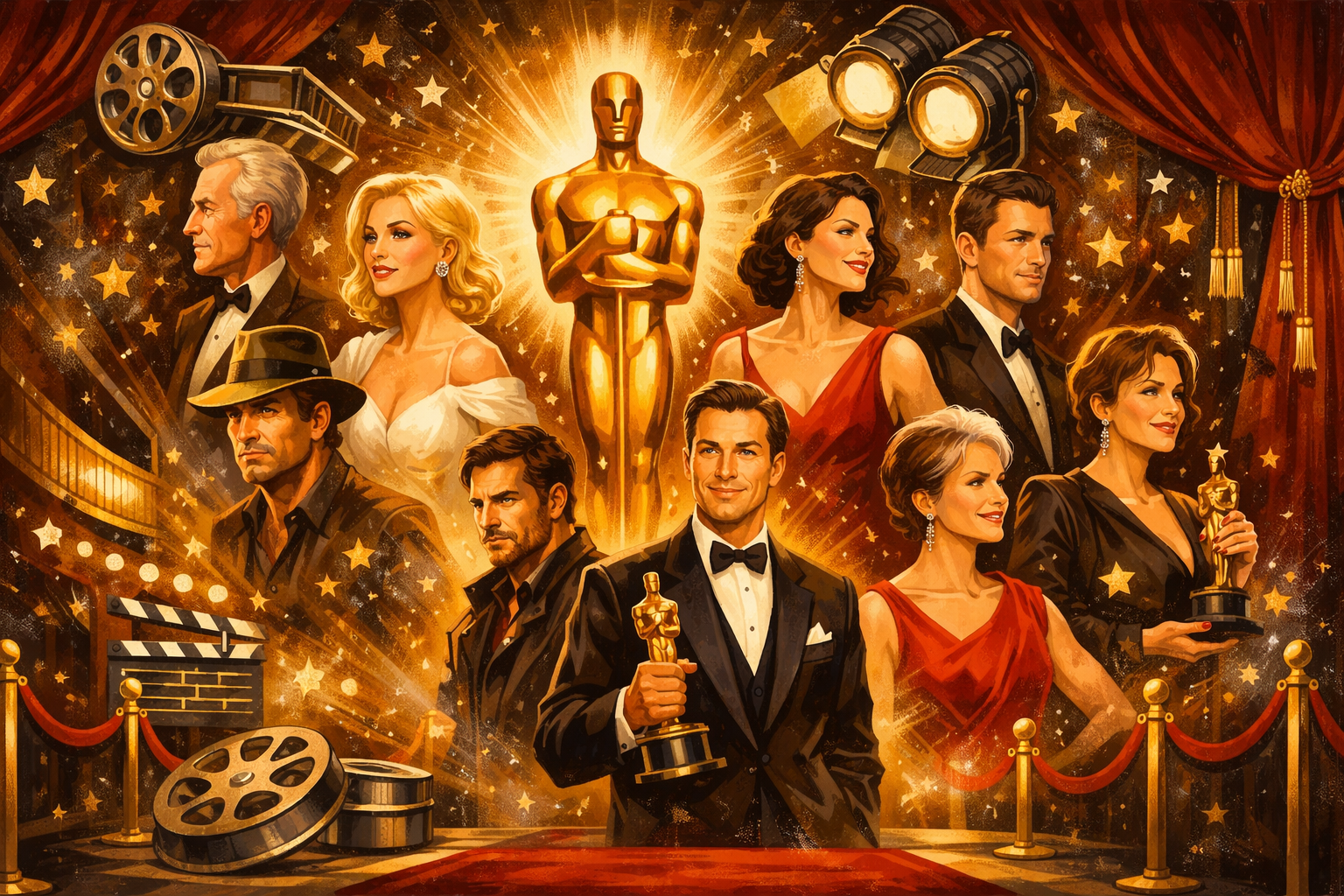 Oscar-díjak gálája film szereplőkkel és szimbólumokkal