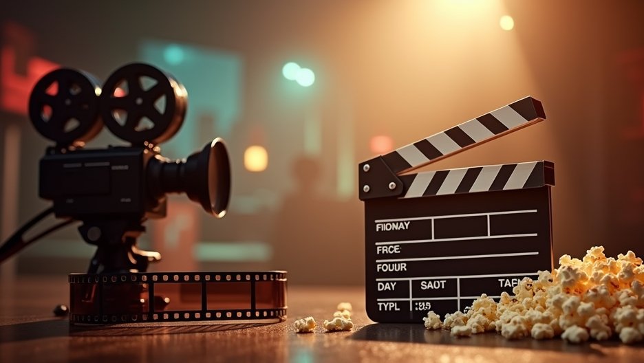 Filmstúdió kellékek: kamera, filmeszalag és pattogatott kukorica