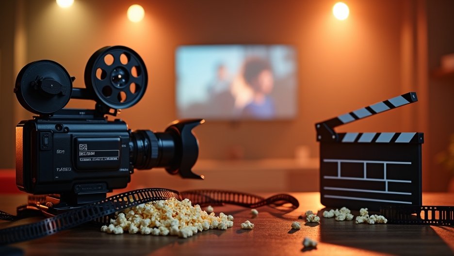 Régi filmes kamera popcornnal és filmes vágószalaggal