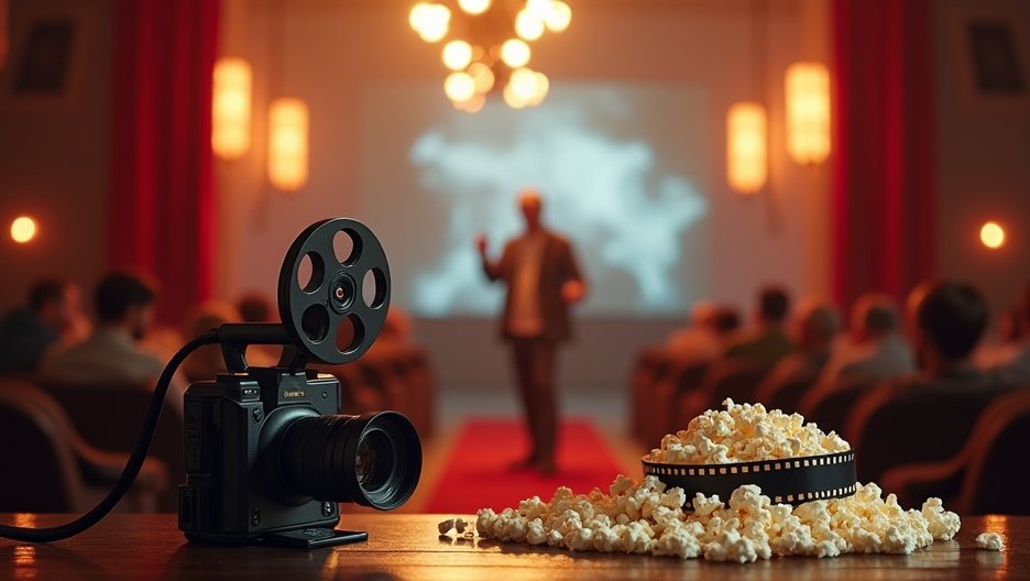 Filmes esemény előadás közben, popcornnal és kamerával.