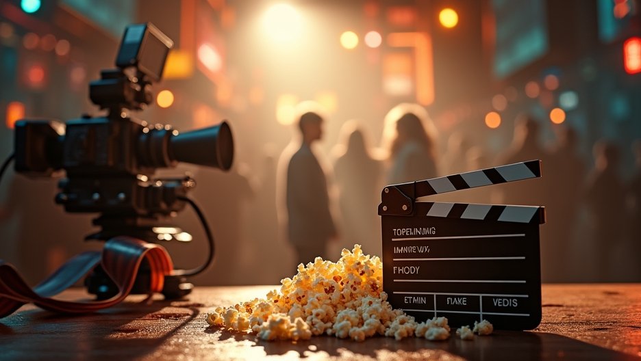 Filmkészítési kellékek, például kamera és klapka popcornnal.