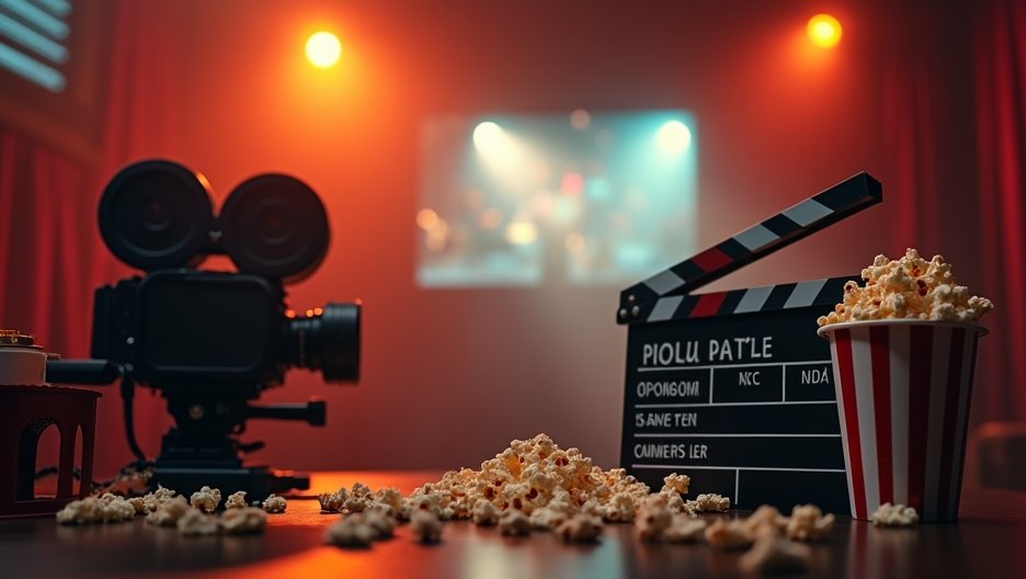 Klasszikus filmes klapka és popcorn a filmes estére készülve