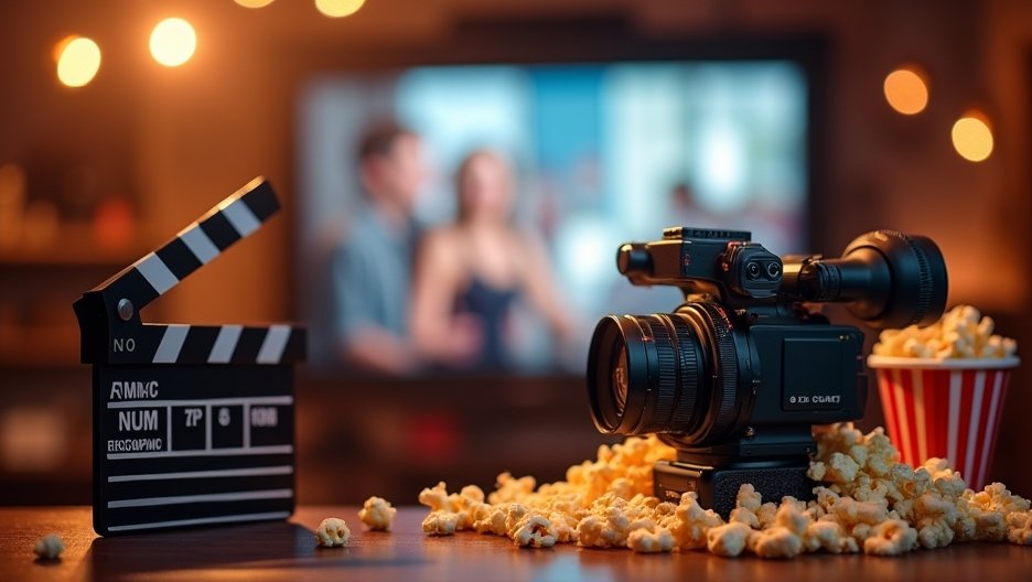 Kamera és filmes klappalék, popcornnal