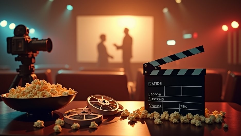 Filmkészítés és popcorn, háttérben mozi jelenet